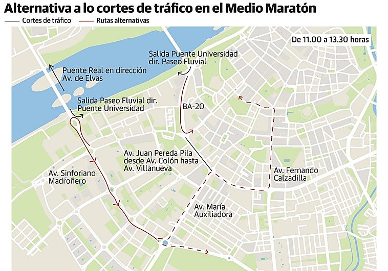 Estas son las calles cortadas el domingo en Badajoz debido a la media maratón desde Elvas